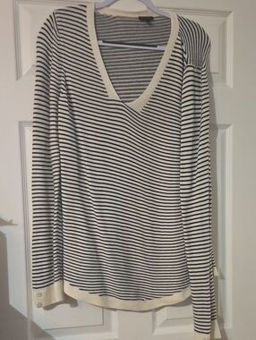 Talbots Black & White Striped V-Neck Long Sleeve Top